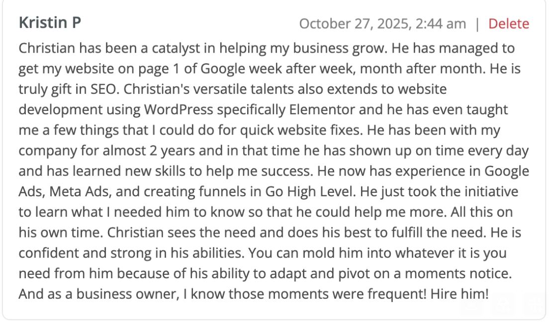 Client satisfaction message received via email