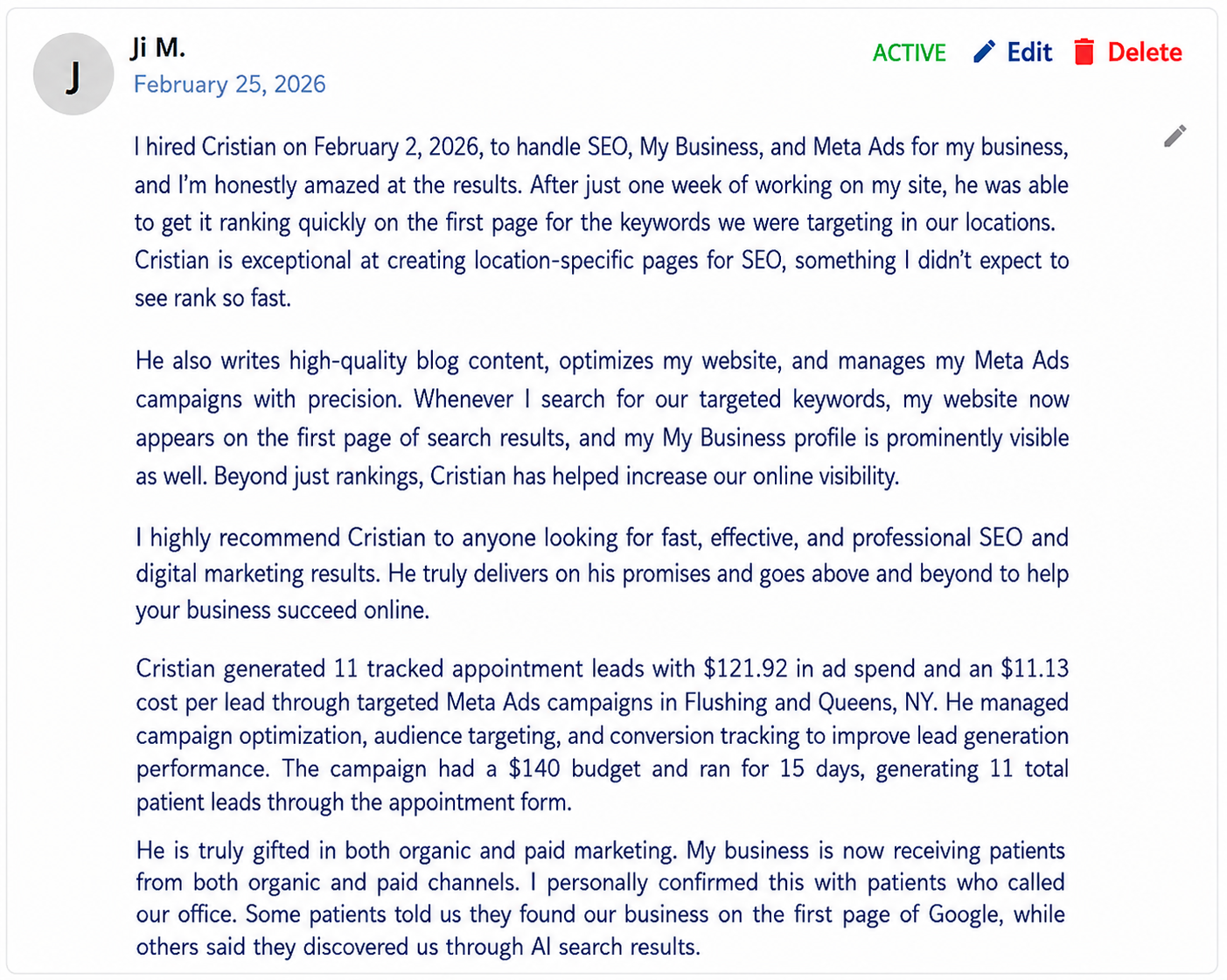 Client feedback from OLJ site