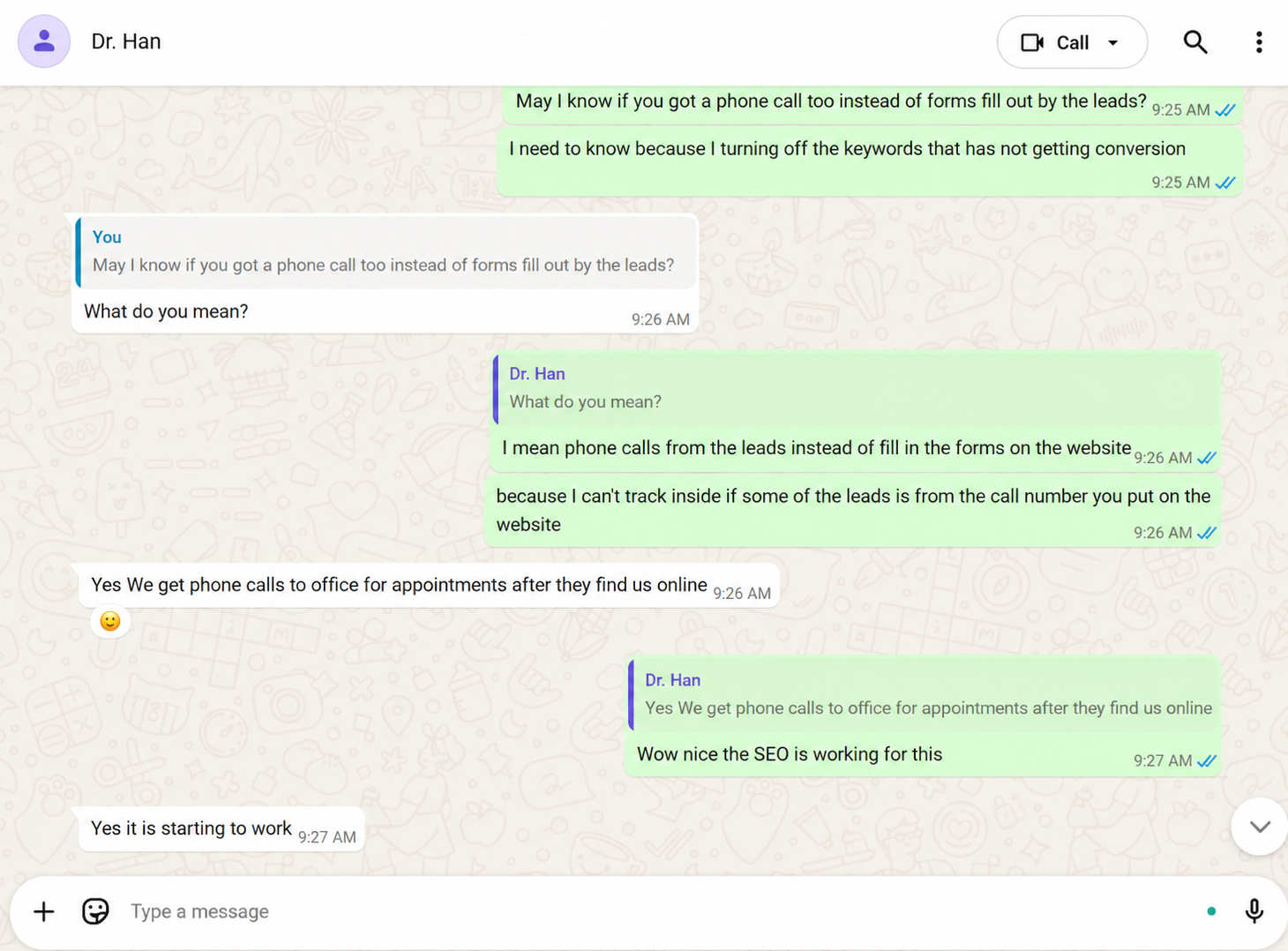 Dr. Han client feedback received via WhatsApp